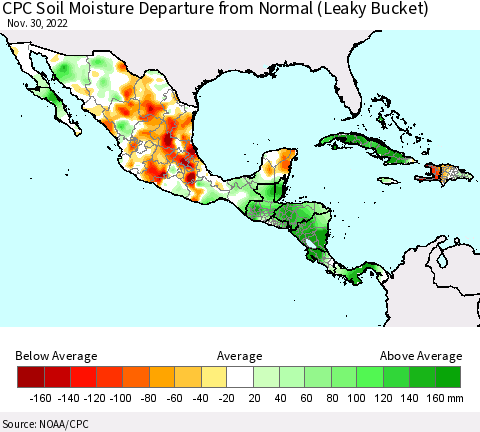 Mexico Central America and the Caribbean CPC Soil Moisture Departure from Normal (Leaky Bucket) Thematic Map For 11/26/2022 - 11/30/2022