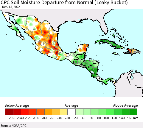 Mexico Central America and the Caribbean CPC Soil Moisture Departure from Normal (Leaky Bucket) Thematic Map For 12/11/2022 - 12/15/2022