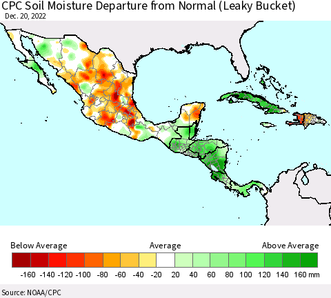 Mexico Central America and the Caribbean CPC Soil Moisture Departure from Normal (Leaky Bucket) Thematic Map For 12/16/2022 - 12/20/2022