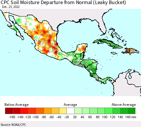 Mexico Central America and the Caribbean CPC Soil Moisture Departure from Normal (Leaky Bucket) Thematic Map For 12/21/2022 - 12/25/2022