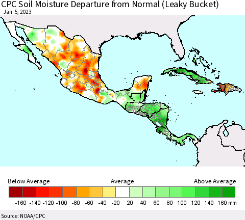 Mexico Central America and the Caribbean CPC Soil Moisture Departure from Normal (Leaky Bucket) Thematic Map For 1/1/2023 - 1/5/2023