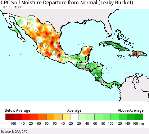 Mexico Central America and the Caribbean CPC Soil Moisture Departure from Normal (Leaky Bucket) Thematic Map For 1/11/2023 - 1/15/2023