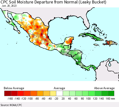 Mexico Central America and the Caribbean CPC Soil Moisture Departure from Normal (Leaky Bucket) Thematic Map For 1/16/2023 - 1/20/2023