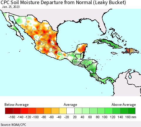 Mexico Central America and the Caribbean CPC Soil Moisture Departure from Normal (Leaky Bucket) Thematic Map For 1/21/2023 - 1/25/2023