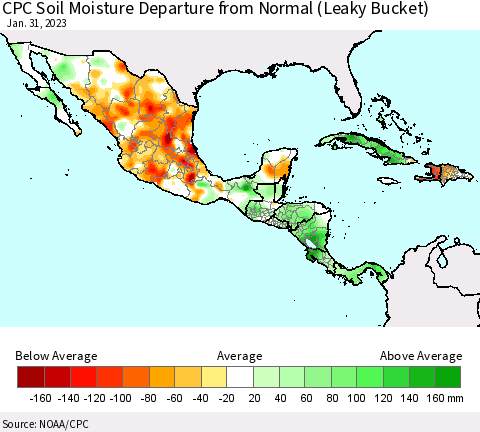 Mexico Central America and the Caribbean CPC Soil Moisture Departure from Normal (Leaky Bucket) Thematic Map For 1/26/2023 - 1/31/2023