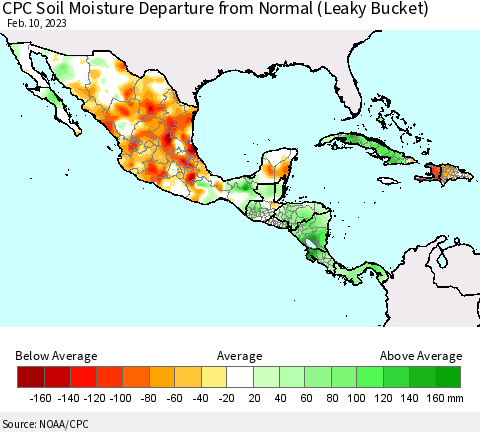 Mexico Central America and the Caribbean CPC Soil Moisture Departure from Normal (Leaky Bucket) Thematic Map For 2/6/2023 - 2/10/2023