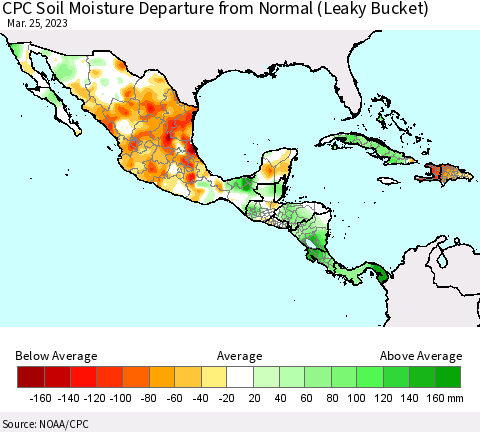 Mexico Central America and the Caribbean CPC Soil Moisture Departure from Normal (Leaky Bucket) Thematic Map For 3/21/2023 - 3/25/2023