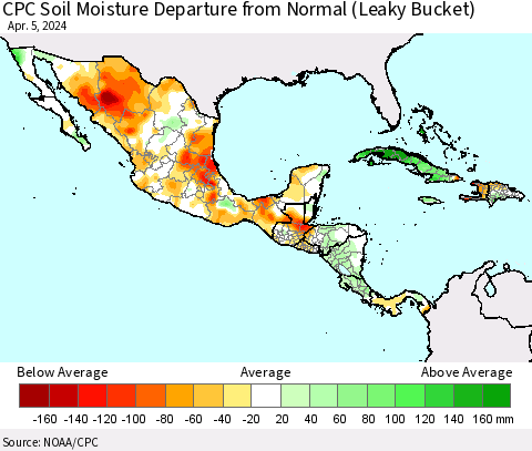 Mexico Central America and the Caribbean CPC Soil Moisture Departure from Normal (Leaky Bucket) Thematic Map For 4/1/2024 - 4/5/2024