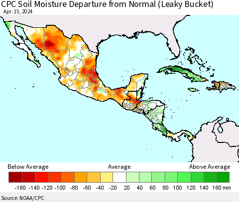 Mexico Central America and the Caribbean CPC Soil Moisture Departure from Normal (Leaky Bucket) Thematic Map For 4/11/2024 - 4/15/2024