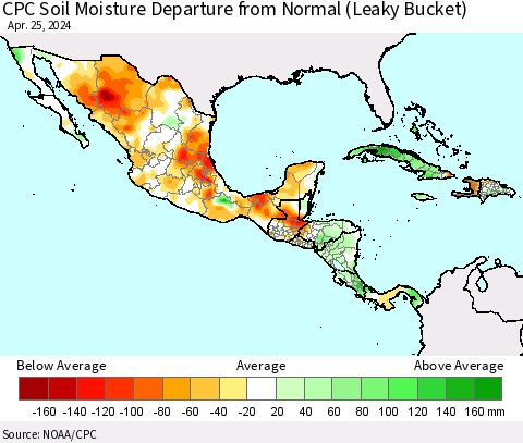 Mexico Central America and the Caribbean CPC Soil Moisture Departure from Normal (Leaky Bucket) Thematic Map For 4/21/2024 - 4/25/2024