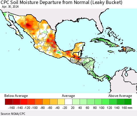 Mexico Central America and the Caribbean CPC Soil Moisture Departure from Normal (Leaky Bucket) Thematic Map For 4/26/2024 - 4/30/2024