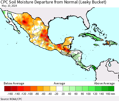 Mexico Central America and the Caribbean CPC Soil Moisture Departure from Normal (Leaky Bucket) Thematic Map For 5/6/2024 - 5/10/2024