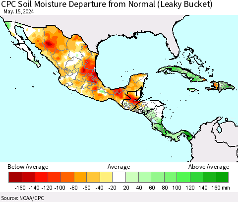 Mexico Central America and the Caribbean CPC Soil Moisture Departure from Normal (Leaky Bucket) Thematic Map For 5/11/2024 - 5/15/2024