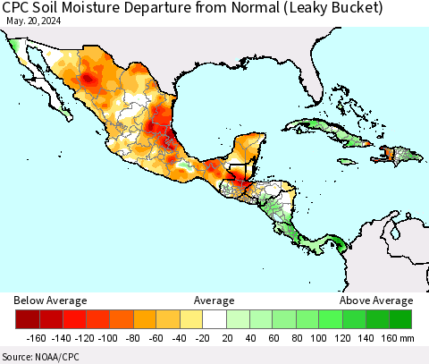 Mexico Central America and the Caribbean CPC Soil Moisture Departure from Normal (Leaky Bucket) Thematic Map For 5/16/2024 - 5/20/2024