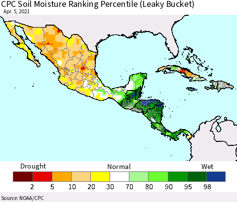 Mexico Central America and the Caribbean CPC Soil Moisture Ranking Percentile (Leaky Bucket) Thematic Map For 4/1/2021 - 4/5/2021