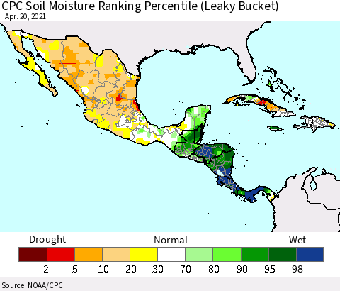 Mexico Central America and the Caribbean CPC Soil Moisture Ranking Percentile (Leaky Bucket) Thematic Map For 4/16/2021 - 4/20/2021