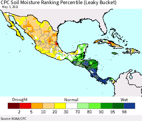 Mexico Central America and the Caribbean CPC Soil Moisture Ranking Percentile (Leaky Bucket) Thematic Map For 5/1/2021 - 5/5/2021