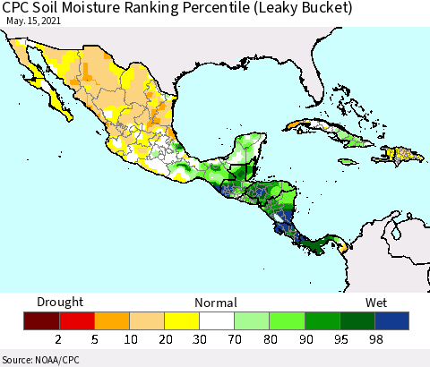Mexico Central America and the Caribbean CPC Soil Moisture Ranking Percentile (Leaky Bucket) Thematic Map For 5/11/2021 - 5/15/2021
