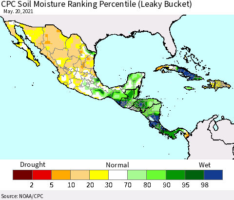 Mexico Central America and the Caribbean CPC Soil Moisture Ranking Percentile (Leaky Bucket) Thematic Map For 5/16/2021 - 5/20/2021