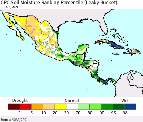 Mexico Central America and the Caribbean CPC Soil Moisture Ranking Percentile (Leaky Bucket) Thematic Map For 6/1/2021 - 6/5/2021