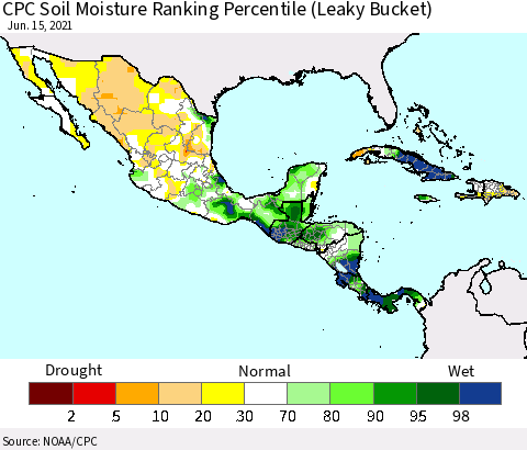 Mexico Central America and the Caribbean CPC Soil Moisture Ranking Percentile (Leaky Bucket) Thematic Map For 6/11/2021 - 6/15/2021