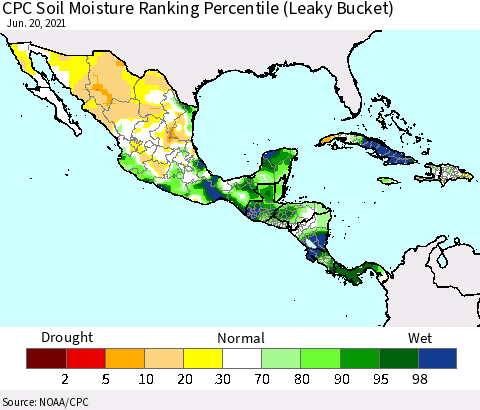 Mexico Central America and the Caribbean CPC Soil Moisture Ranking Percentile (Leaky Bucket) Thematic Map For 6/16/2021 - 6/20/2021