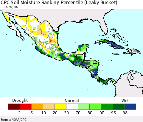 Mexico Central America and the Caribbean CPC Soil Moisture Ranking Percentile (Leaky Bucket) Thematic Map For 6/26/2021 - 6/30/2021