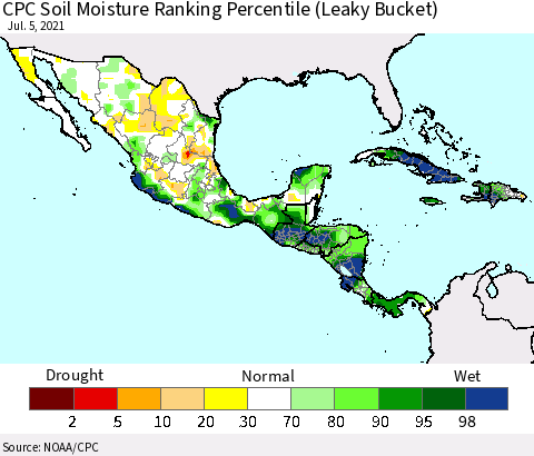 Mexico Central America and the Caribbean CPC Soil Moisture Ranking Percentile (Leaky Bucket) Thematic Map For 7/1/2021 - 7/5/2021