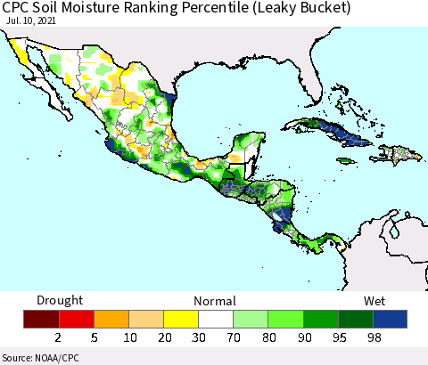 Mexico Central America and the Caribbean CPC Soil Moisture Ranking Percentile (Leaky Bucket) Thematic Map For 7/6/2021 - 7/10/2021