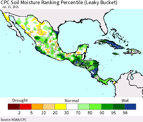 Mexico Central America and the Caribbean CPC Soil Moisture Ranking Percentile (Leaky Bucket) Thematic Map For 7/11/2021 - 7/15/2021