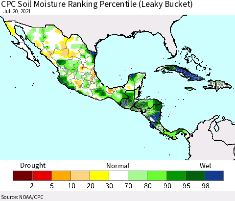Mexico Central America and the Caribbean CPC Soil Moisture Ranking Percentile (Leaky Bucket) Thematic Map For 7/16/2021 - 7/20/2021
