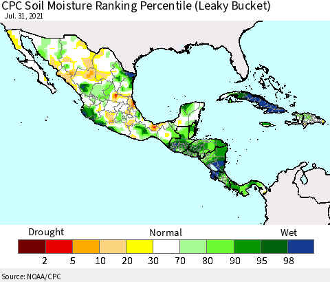 Mexico Central America and the Caribbean CPC Soil Moisture Ranking Percentile (Leaky Bucket) Thematic Map For 7/26/2021 - 7/31/2021