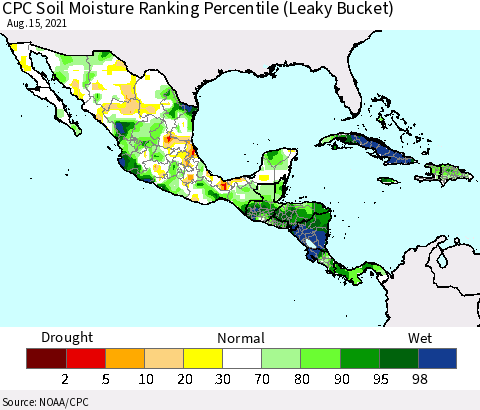 Mexico Central America and the Caribbean CPC Soil Moisture Ranking Percentile (Leaky Bucket) Thematic Map For 8/11/2021 - 8/15/2021