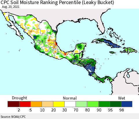Mexico Central America and the Caribbean CPC Soil Moisture Ranking Percentile (Leaky Bucket) Thematic Map For 8/16/2021 - 8/20/2021