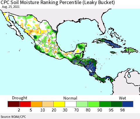 Mexico Central America and the Caribbean CPC Soil Moisture Ranking Percentile (Leaky Bucket) Thematic Map For 8/21/2021 - 8/25/2021