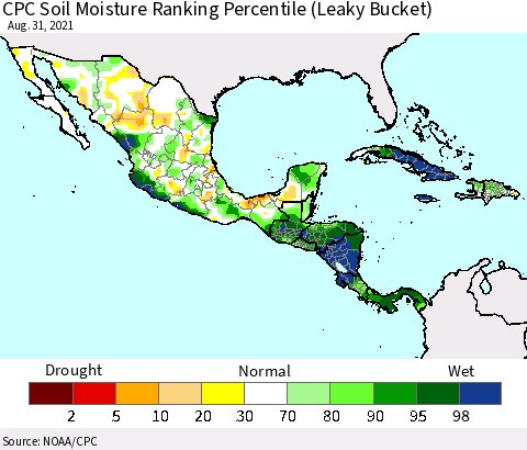 Mexico Central America and the Caribbean CPC Soil Moisture Ranking Percentile (Leaky Bucket) Thematic Map For 8/26/2021 - 8/31/2021