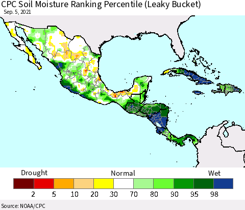 Mexico Central America and the Caribbean CPC Soil Moisture Ranking Percentile (Leaky Bucket) Thematic Map For 9/1/2021 - 9/5/2021