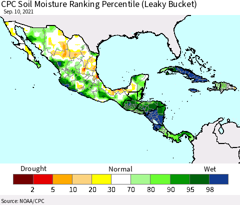 Mexico Central America and the Caribbean CPC Soil Moisture Ranking Percentile (Leaky Bucket) Thematic Map For 9/6/2021 - 9/10/2021