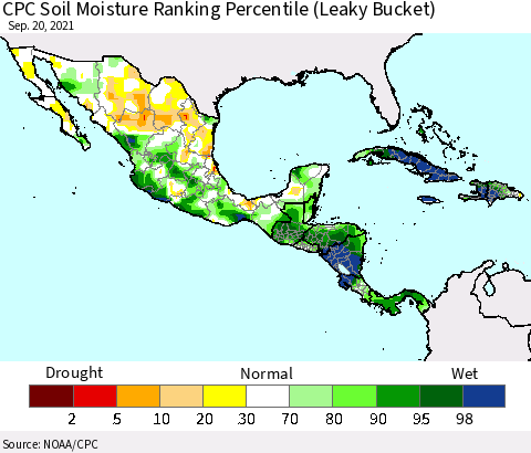 Mexico Central America and the Caribbean CPC Soil Moisture Ranking Percentile (Leaky Bucket) Thematic Map For 9/16/2021 - 9/20/2021