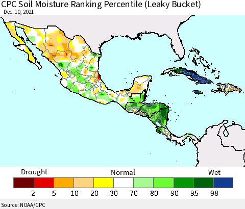 Mexico Central America and the Caribbean CPC Soil Moisture Ranking Percentile (Leaky Bucket) Thematic Map For 12/6/2021 - 12/10/2021