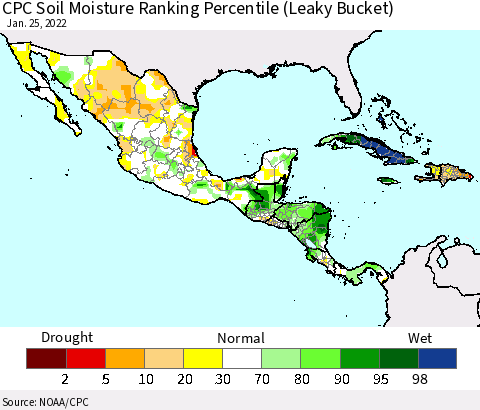 Mexico Central America and the Caribbean CPC Soil Moisture Ranking Percentile (Leaky Bucket) Thematic Map For 1/21/2022 - 1/25/2022
