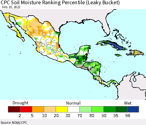 Mexico Central America and the Caribbean CPC Soil Moisture Ranking Percentile (Leaky Bucket) Thematic Map For 2/6/2022 - 2/10/2022
