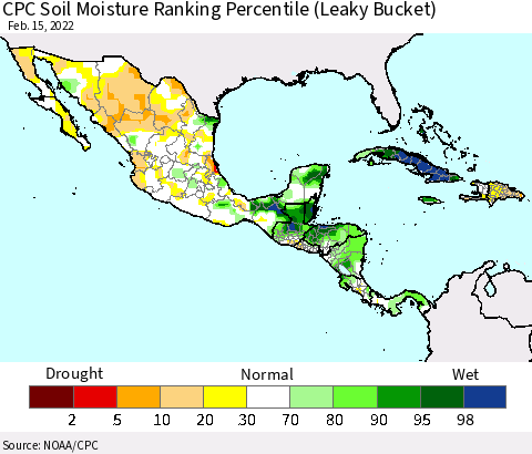 Mexico Central America and the Caribbean CPC Soil Moisture Ranking Percentile (Leaky Bucket) Thematic Map For 2/11/2022 - 2/15/2022