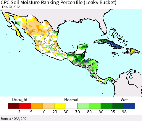 Mexico Central America and the Caribbean CPC Soil Moisture Ranking Percentile (Leaky Bucket) Thematic Map For 2/16/2022 - 2/20/2022