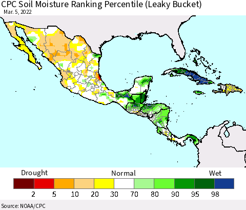 Mexico Central America and the Caribbean CPC Soil Moisture Ranking Percentile (Leaky Bucket) Thematic Map For 3/1/2022 - 3/5/2022