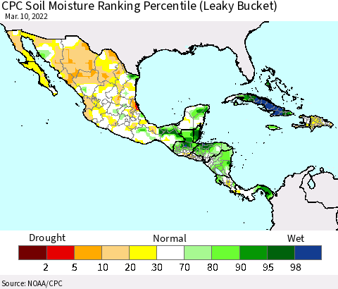 Mexico Central America and the Caribbean CPC Soil Moisture Ranking Percentile (Leaky Bucket) Thematic Map For 3/6/2022 - 3/10/2022