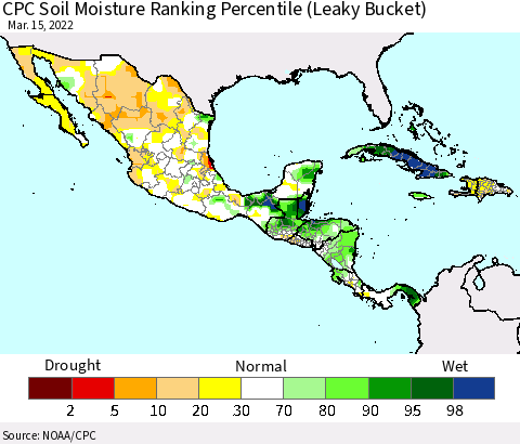 Mexico Central America and the Caribbean CPC Soil Moisture Ranking Percentile (Leaky Bucket) Thematic Map For 3/11/2022 - 3/15/2022
