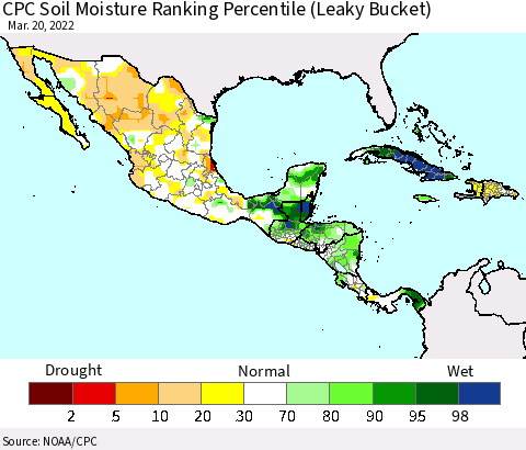 Mexico Central America and the Caribbean CPC Soil Moisture Ranking Percentile (Leaky Bucket) Thematic Map For 3/16/2022 - 3/20/2022