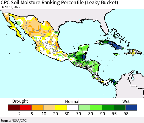 Mexico Central America and the Caribbean CPC Soil Moisture Ranking Percentile (Leaky Bucket) Thematic Map For 3/26/2022 - 3/31/2022