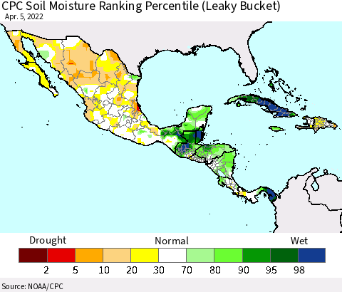 Mexico Central America and the Caribbean CPC Soil Moisture Ranking Percentile (Leaky Bucket) Thematic Map For 4/1/2022 - 4/5/2022